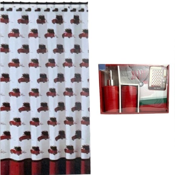 Christmas Bath Set Farm Trucks Christmas Fabric Shower Curtain Accessories 15 Pc - Picture 1 of 9